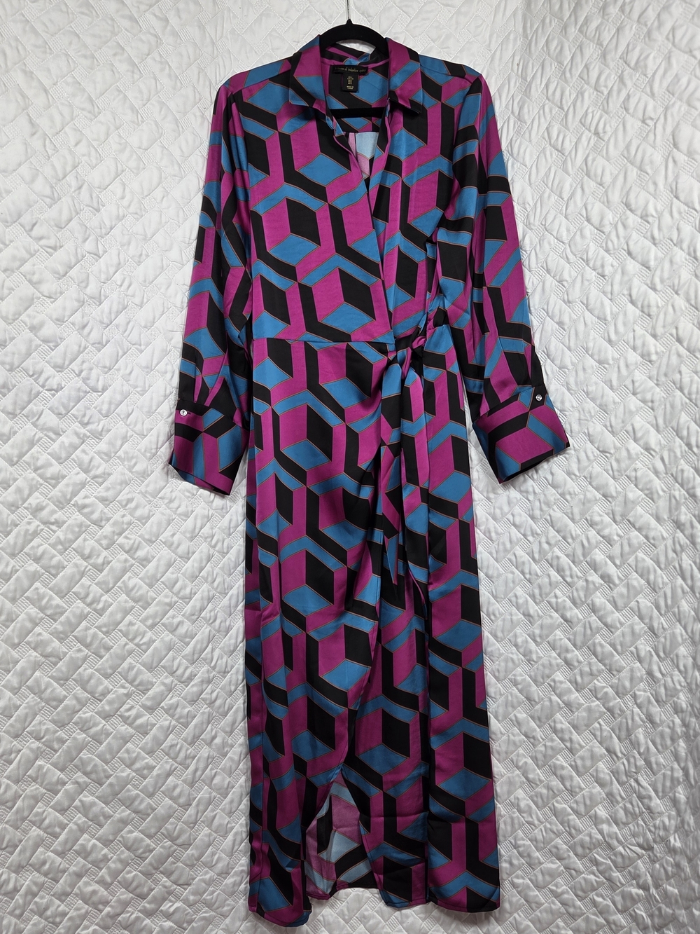 House of Harlow Satin Wrap Maxi Dress Geometric Print Long Sleeve sz L
